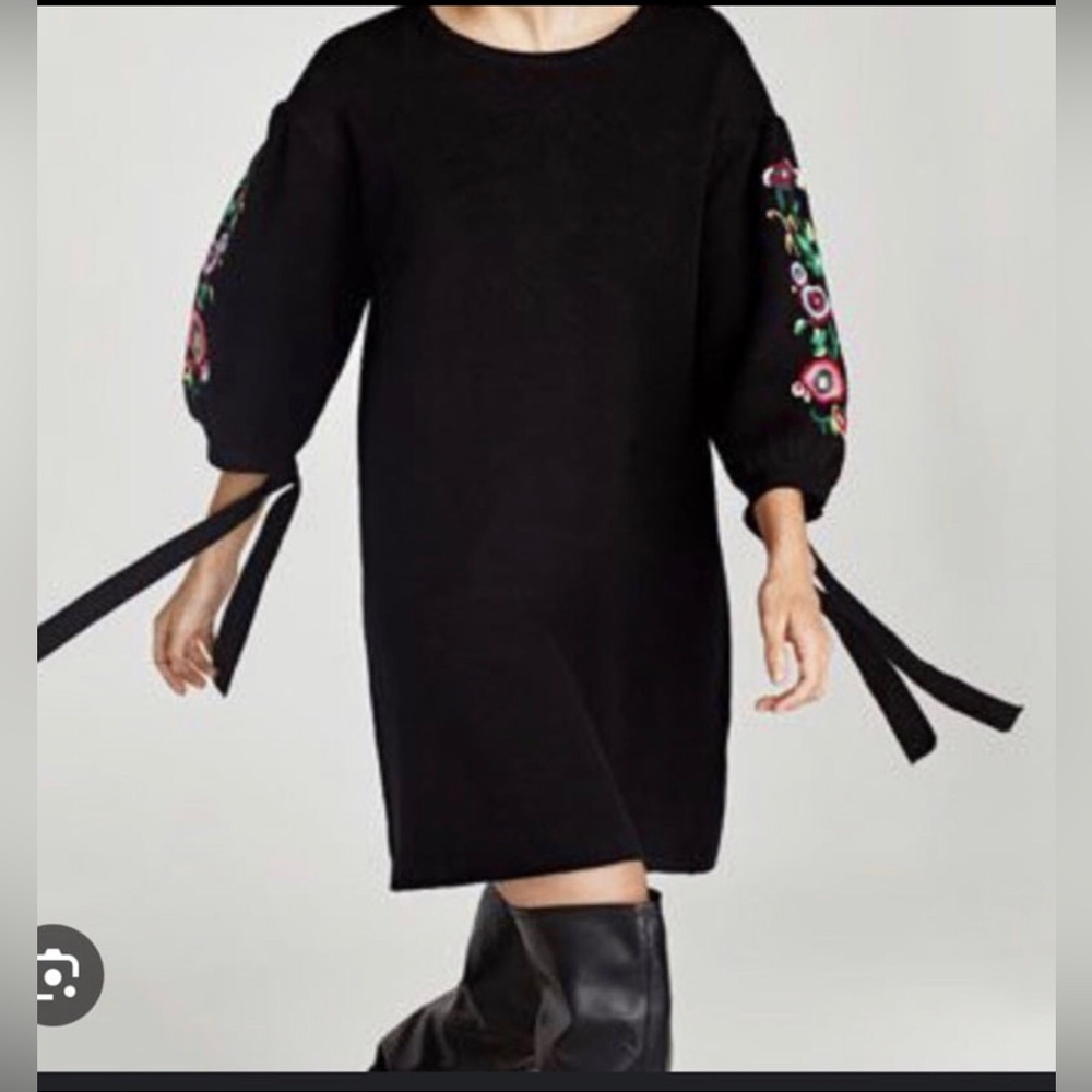 Zara Black Embellished Tie Front Dress with Bishop Sleeves perfect condition